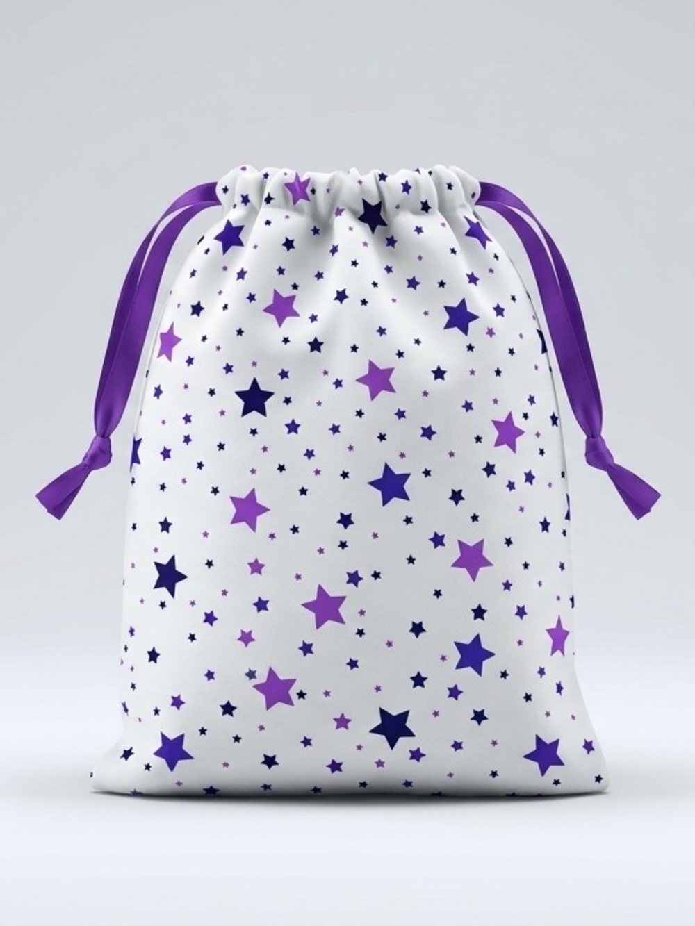 Hand Crafted White Drawstring Mini Bag with Purple Star Pattern